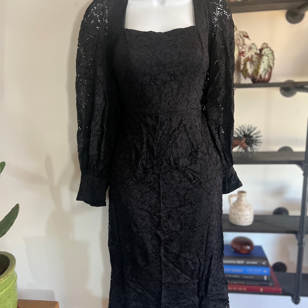 Hutch Black Cocktail Dress with Square Neck and Bishop Sleeves